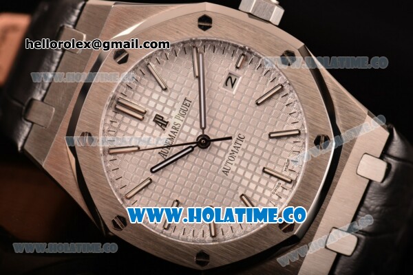 Audemars Piguet Royal Oak 41MM Clone AP Calibre 3120 Automatic Steel Case with White Dial and Stick Markers - Black Leather Strap (EF) - Click Image to Close